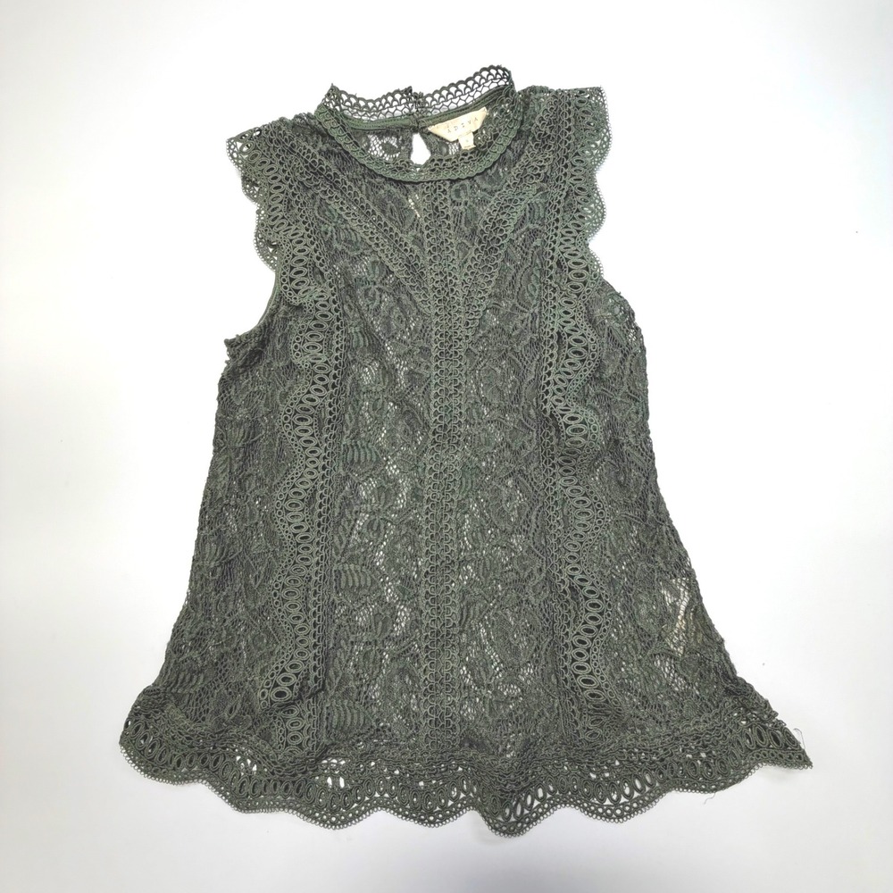 Adiva Lace Sleeveless High Neck Top Small – Dark Olive Green Scalloped Hem